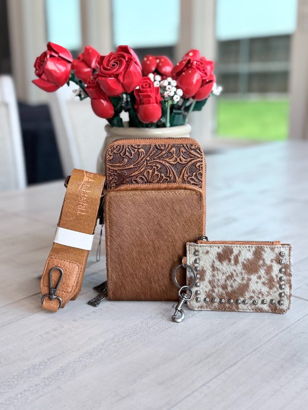 Trinity Ranch Genuine Hair-On Cowhide /Tooled Phone Purse w/ Coin Pouch Brown